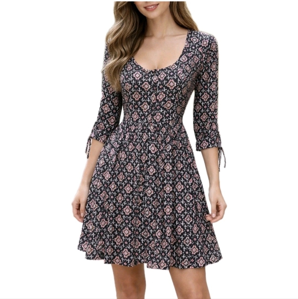 Hollister Dress Navy Print 3/4 Balloon Sleeve Shift Mini Size S